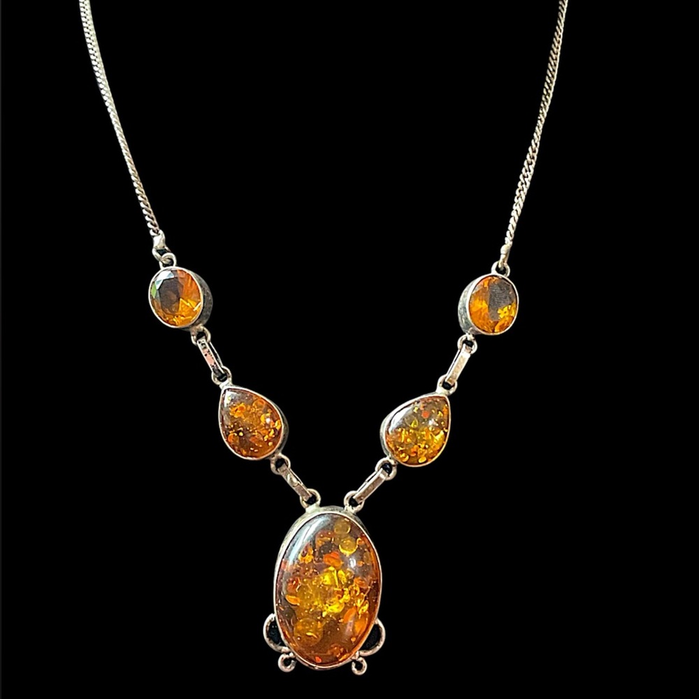 Vintage Sterling Silver Baltic Amber Ornate Necklace 17.75”